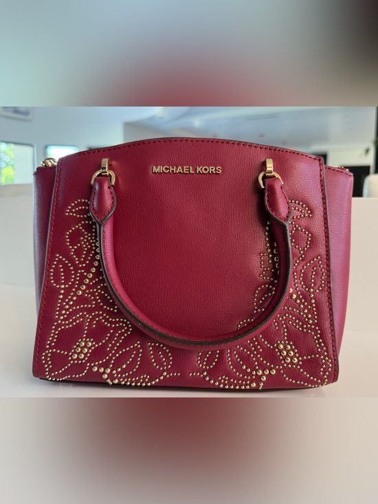 Michael Kors Handbags - MICHAEL KORS Ellis Mulberry Convertible Leather Satchel with Gold Studs design